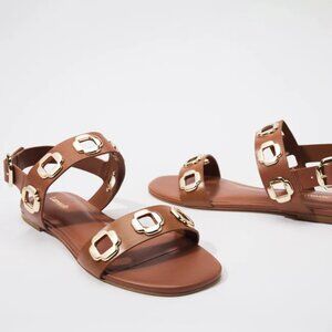 Larroude Milan Flat Sandal in Caramel Leather